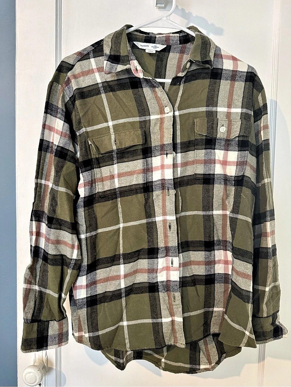 Old Navy The Boyfriend Shirt Plaid Button Down Green & Black Small
